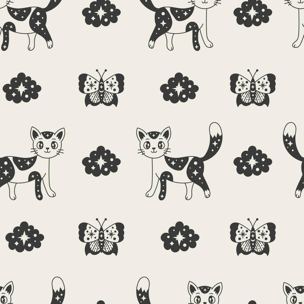 Cat moth stars seamless pattern in doodle style vector