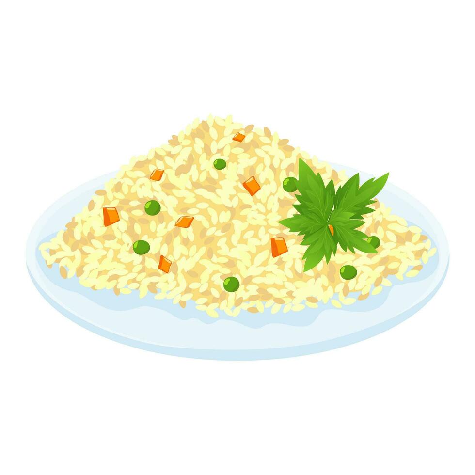 Rice dish with vegetables. A plate with fried rice, pieces of carrots, peppers, green peas, parsley, cilantro, spices. Vector illustration.