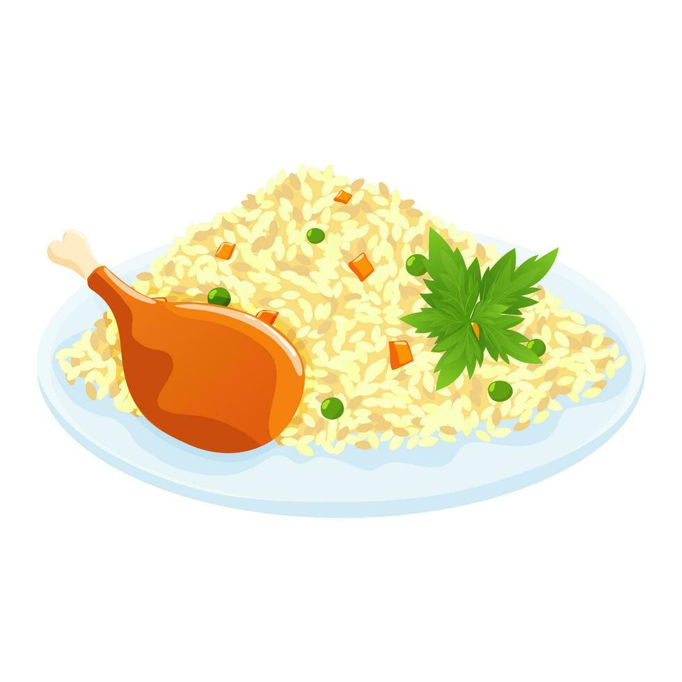 Vector illustration of a dish with rice, chicken and vegetables. Rice dish with meat on a flat plate.
