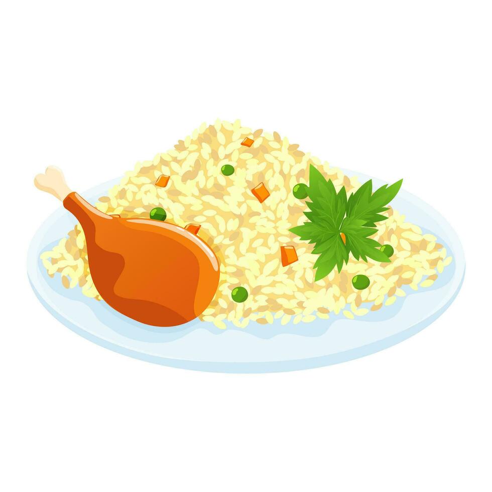 vector ilustración de un plato con arroz, pollo y vegetales. arroz plato con carne en un plano lámina.