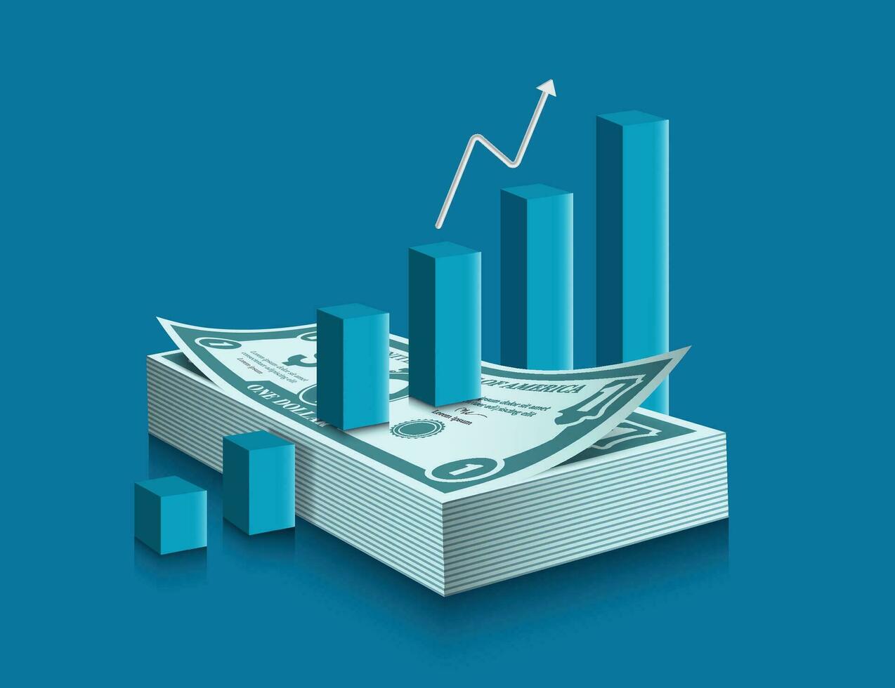 Blue bar charts are placed on dollar bills and success gradually climb to the top increase by white arrow,vector 3d for designing media about money ,finance and investment ,graph bar on dollar vector