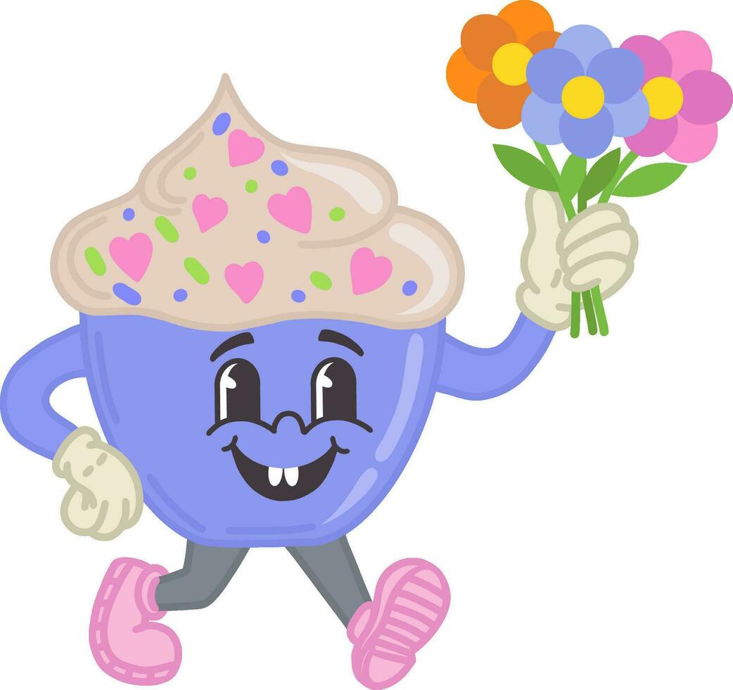 ilustración de un postre con flores, en retro estilo de el 30, 40 años, años 50, años 60 el personaje es un mascota para el dibujos animados. vector ilustración para San Valentín día. contento emociones, un sonrisa.