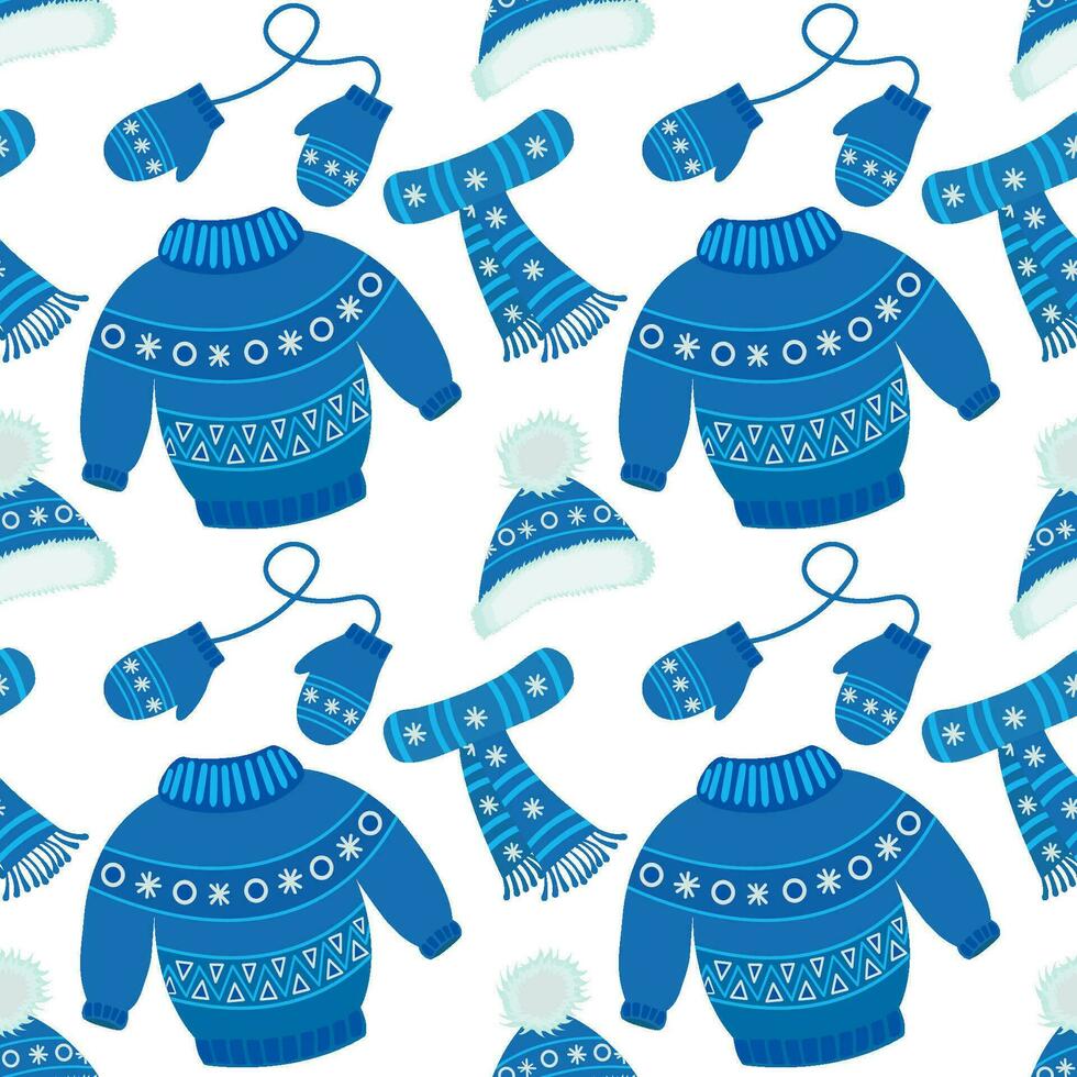 Vector pattern with winter clothes. Children's warm winter clothes for walking. Knitted hat, sweater, scarf, gloves with jacquard pattern and pompoms. Vector set of blue color.