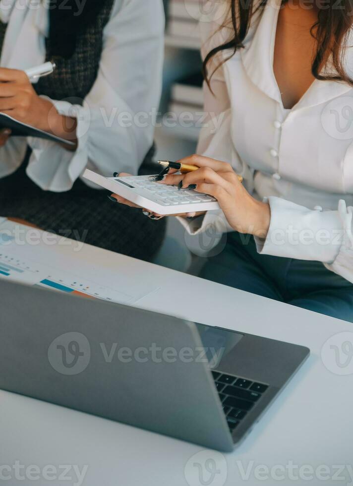 Business team collaboration discussing working analyzing with financial data and marketing growth report graph in team, presentation and brainstorming to strategy planning making profit of company. photo
