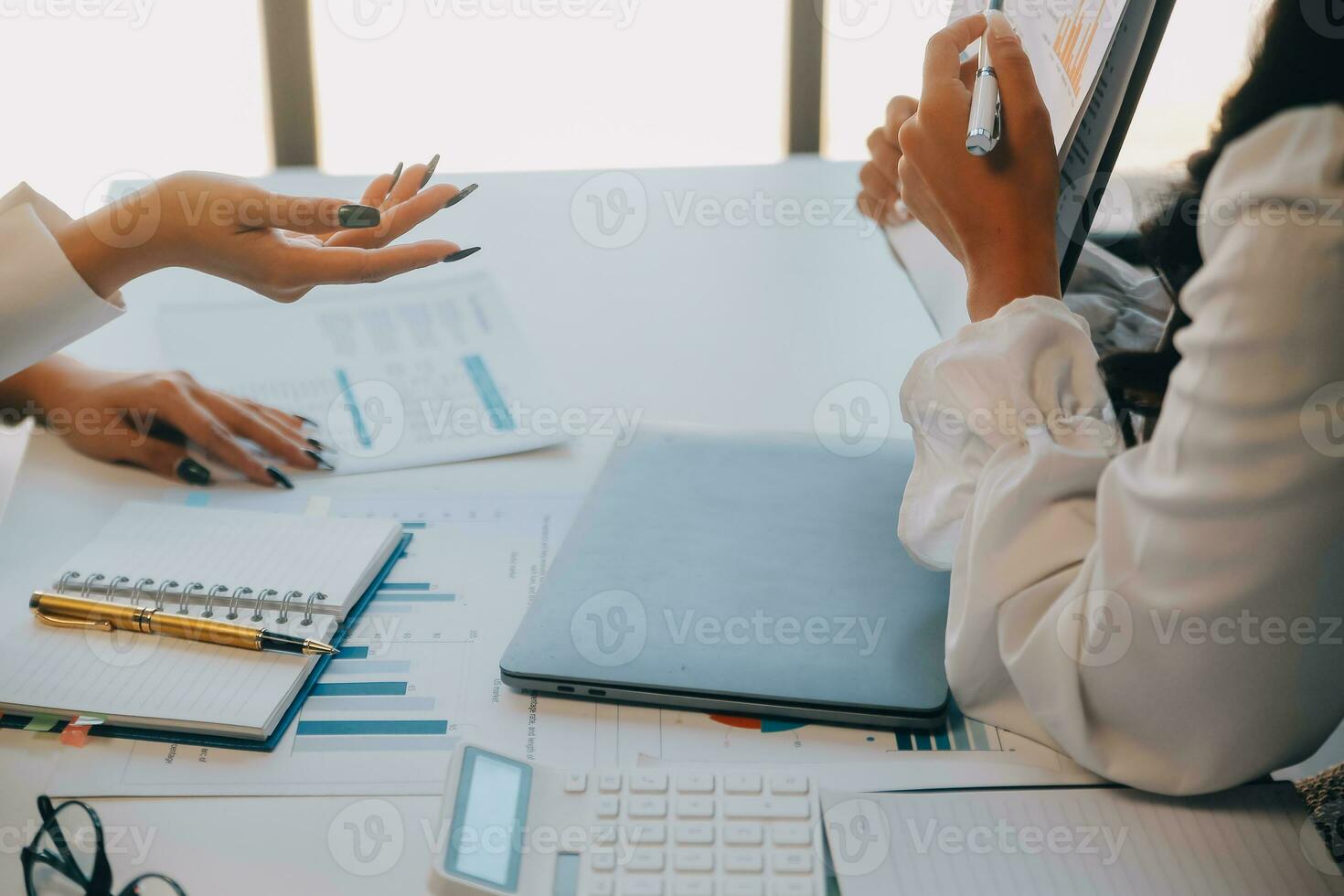 Business team collaboration discussing working analyzing with financial data and marketing growth report graph in team, presentation and brainstorming to strategy planning making profit of company. photo