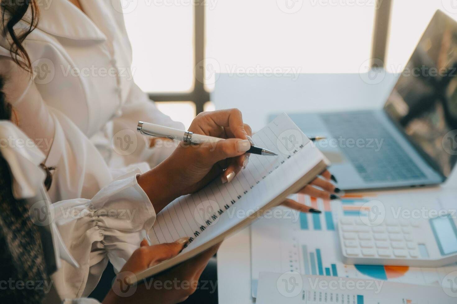 Business team collaboration discussing working analyzing with financial data and marketing growth report graph in team, presentation and brainstorming to strategy planning making profit of company. photo