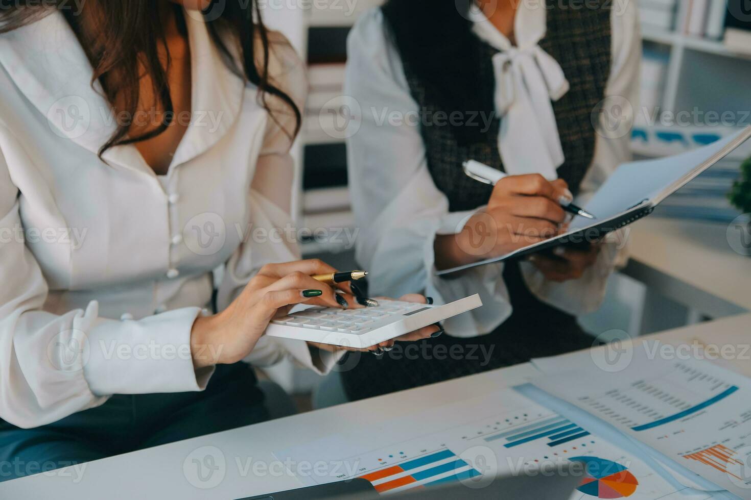 Business team collaboration discussing working analyzing with financial data and marketing growth report graph in team, presentation and brainstorming to strategy planning making profit of company. photo