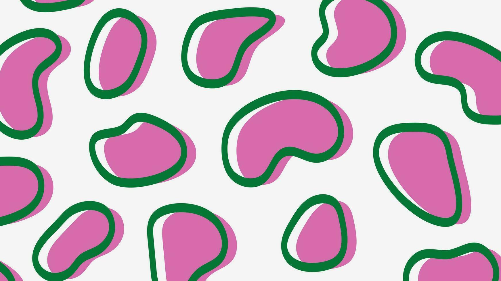 Hand drawn abstract memphis pattern. Doodle pink organic shapes with green outline on white background. Minimalist art vector design