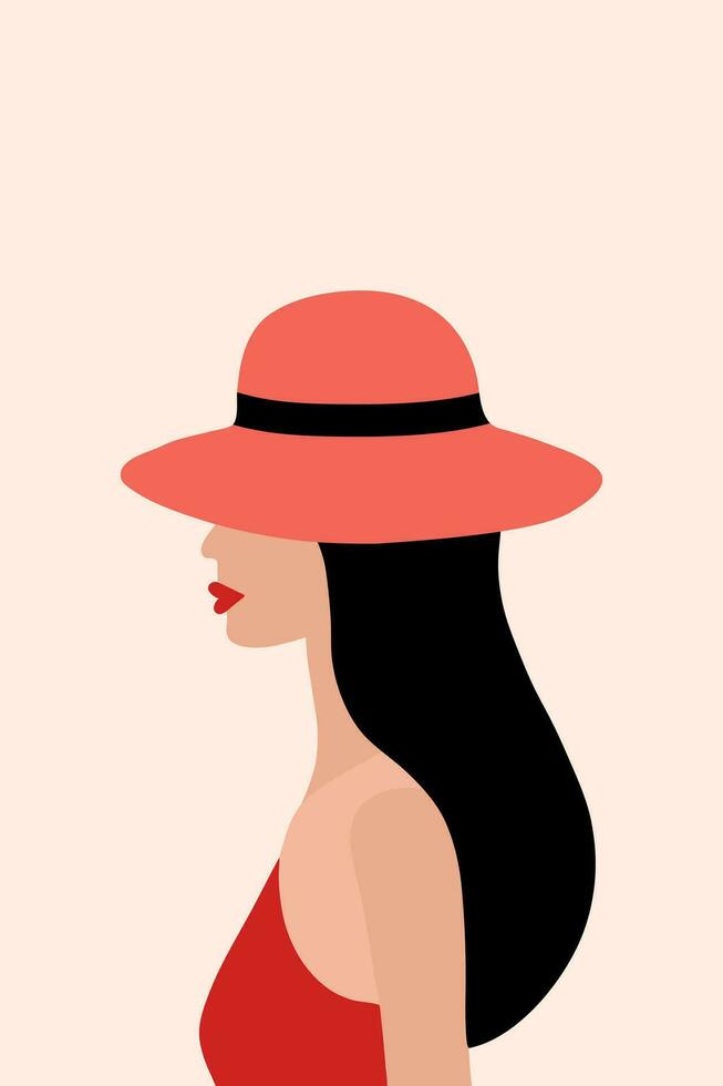 elegante morena mujer en rojo sombrero y vestido. perfil de Hispano niña con largo pelo y rojo labios. vector plano ilustración