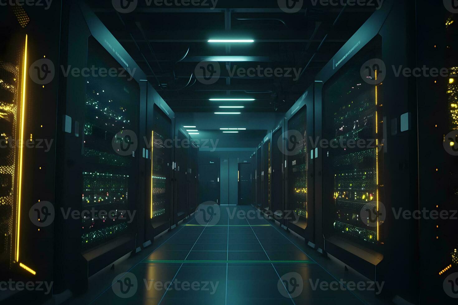 AI generated Shot of Data Center With Multiple Rows of Fully Operational Server Racks. Modern Telecommunications. Neural network AI generated photo