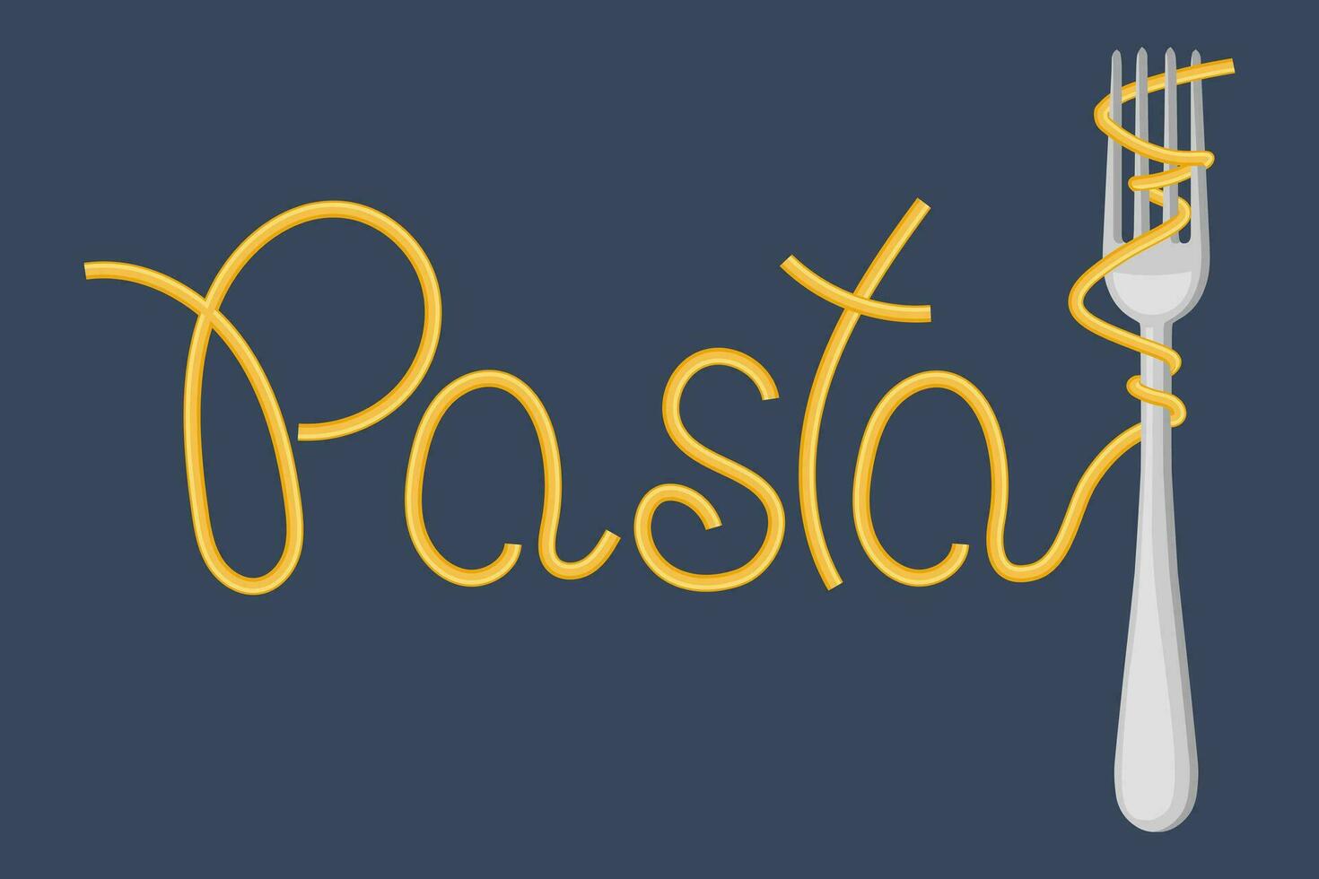 Lettering Pasta and fork with spaghetti on a dark background. Food logo, restaurant menu. Vector