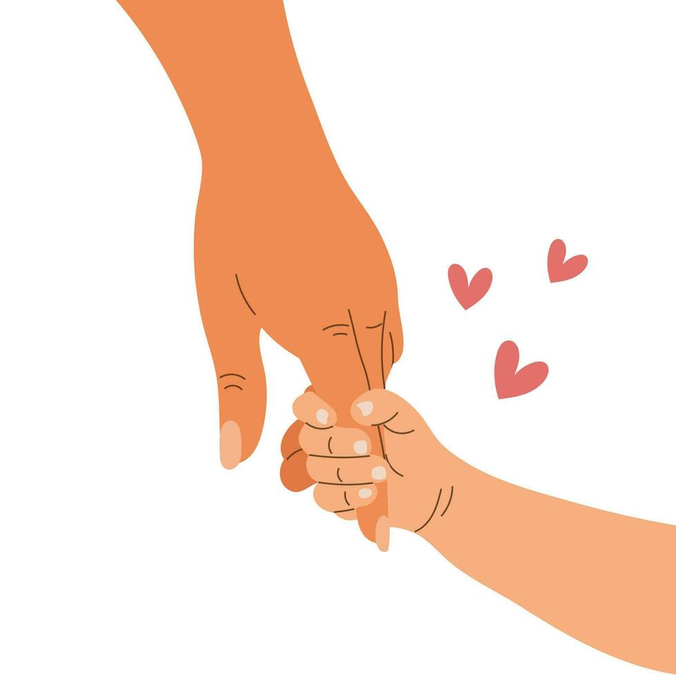 The mother's hand holds the baby's hand. Child's hand in mother's hand. Illustration, vector