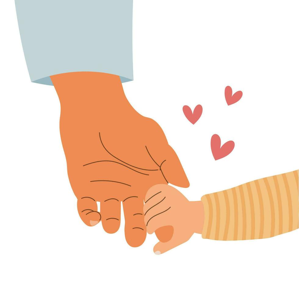 The father's hand holds the baby's hand. Child's hand in dad's hand. Illustration, vector