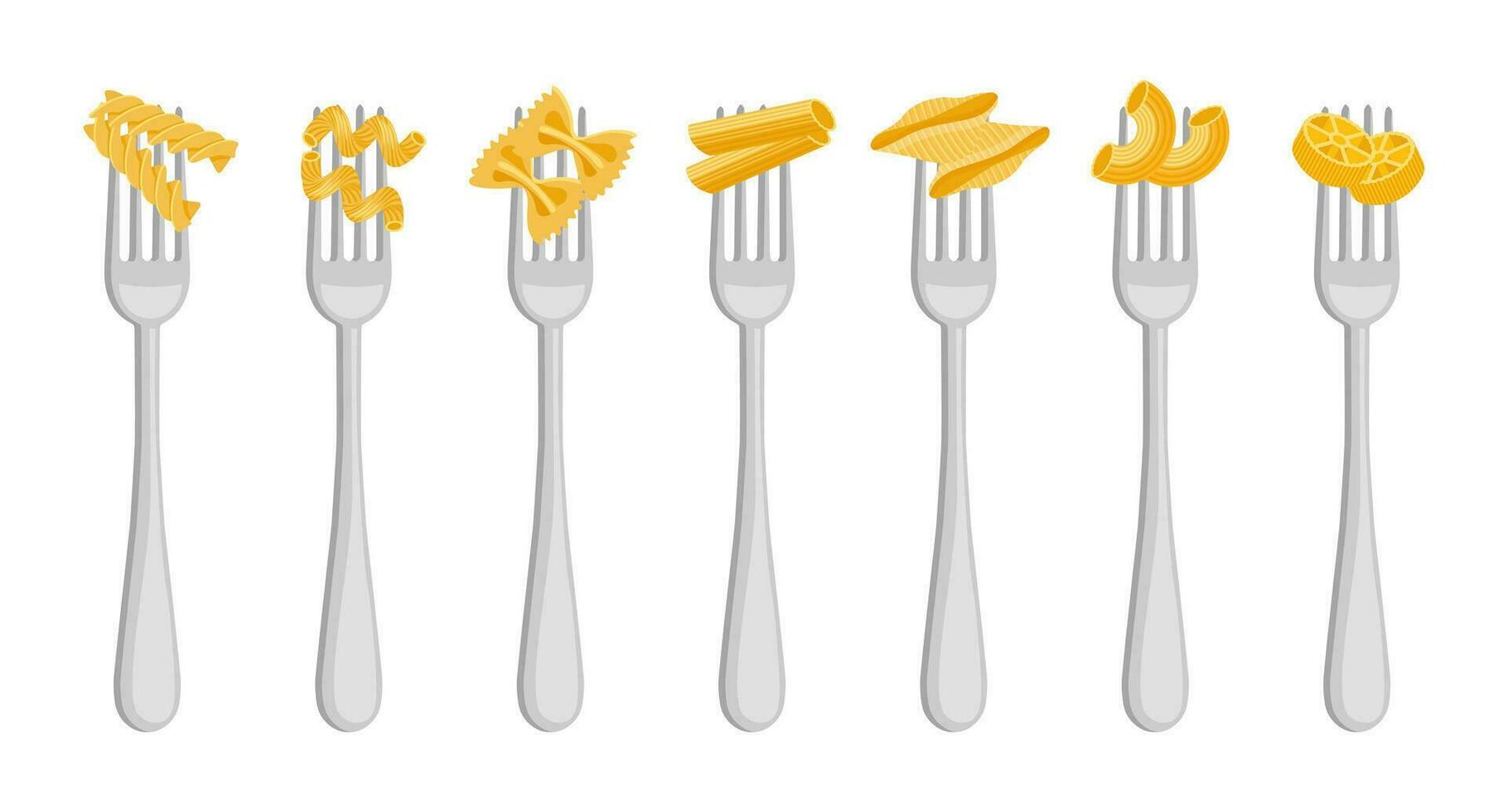 Set of forks with spaghetti and pasta on a white background. Food logos, restaurant menu icons. Vector