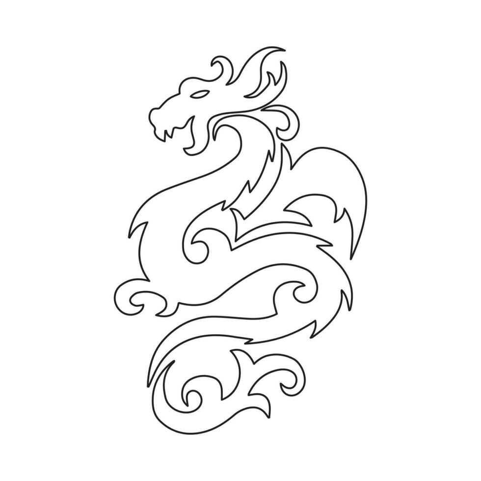 Black silhouette of a Chinese dragon on a white background. Dragon with ornament. Logo, sketch, tattoo. Vector
