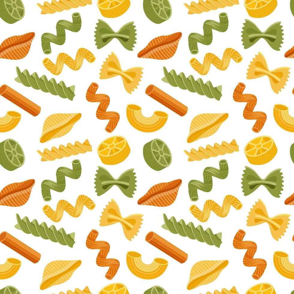 Seamless pattern with different types of Italian pasta. Food background, restaurant menu. Vector