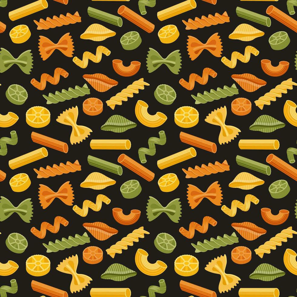 Seamless pattern with different types of Italian pasta. Food background, restaurant menu. Vector