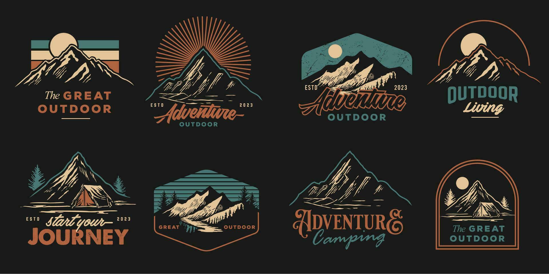 montaña aventuras hipster logotipos conjunto de Clásico al aire libre montañas verano acampar insignias o parches vector emblema diseños genial para camisas, sellos, pegatinas logos y etiquetas.