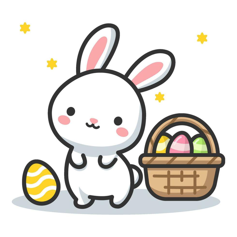 Cute easter bunny rabbit with basket of easter eggs, simple vector illustration. Happy Easter holiday.b