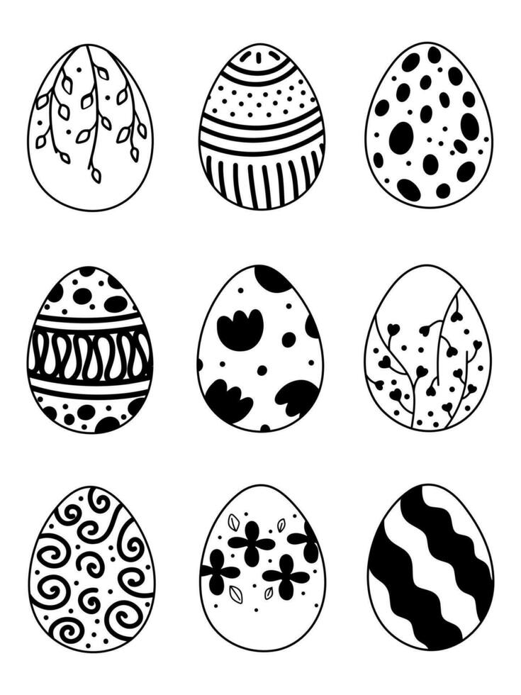 Easter eggs decorated with ornaments and flowers. Black and white images of Easter eggs. Doodle style vector