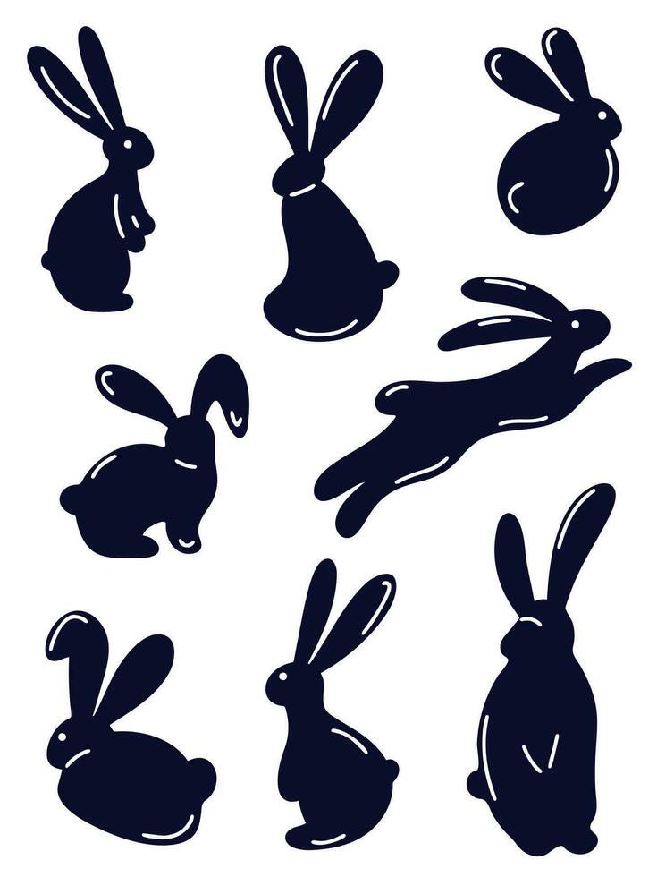 The silhouette of rabbits with long ears. Easter bunnies and bunnies in different movement poses. Jumping hare, sitting hare, lying hare vector