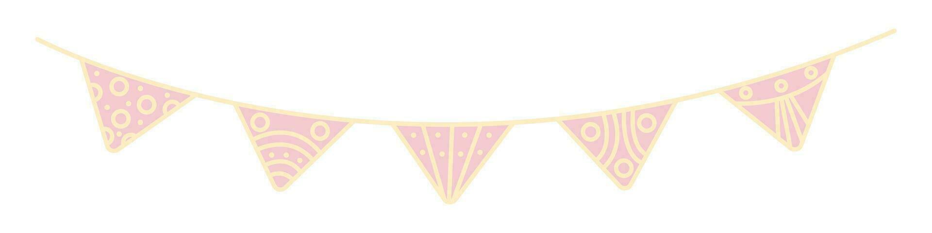 Five festive holiday triangular flags on a rope, birthday garland, hanging party pennants, cute vector illustration in light pink and yellow colors
