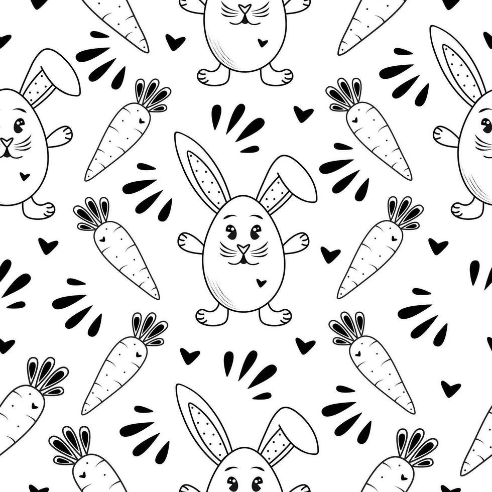 Cute rabbit and carrot, black and white seamless pattern vector