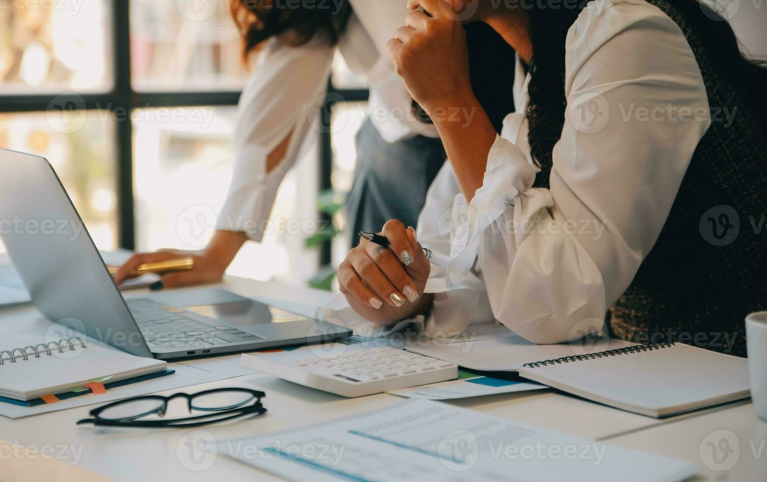 Business team collaboration discussing working analyzing with financial data and marketing growth report graph in team, presentation and brainstorming to strategy planning making profit of company. photo