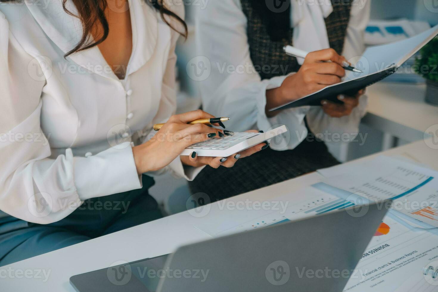 Business team collaboration discussing working analyzing with financial data and marketing growth report graph in team, presentation and brainstorming to strategy planning making profit of company. photo