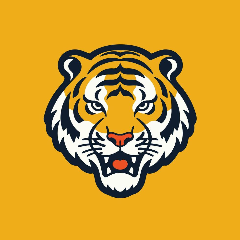 Tigre cabeza mascota logo vector ilustración en amarillo antecedentes. Tigre cabeza mascota para deporte equipo