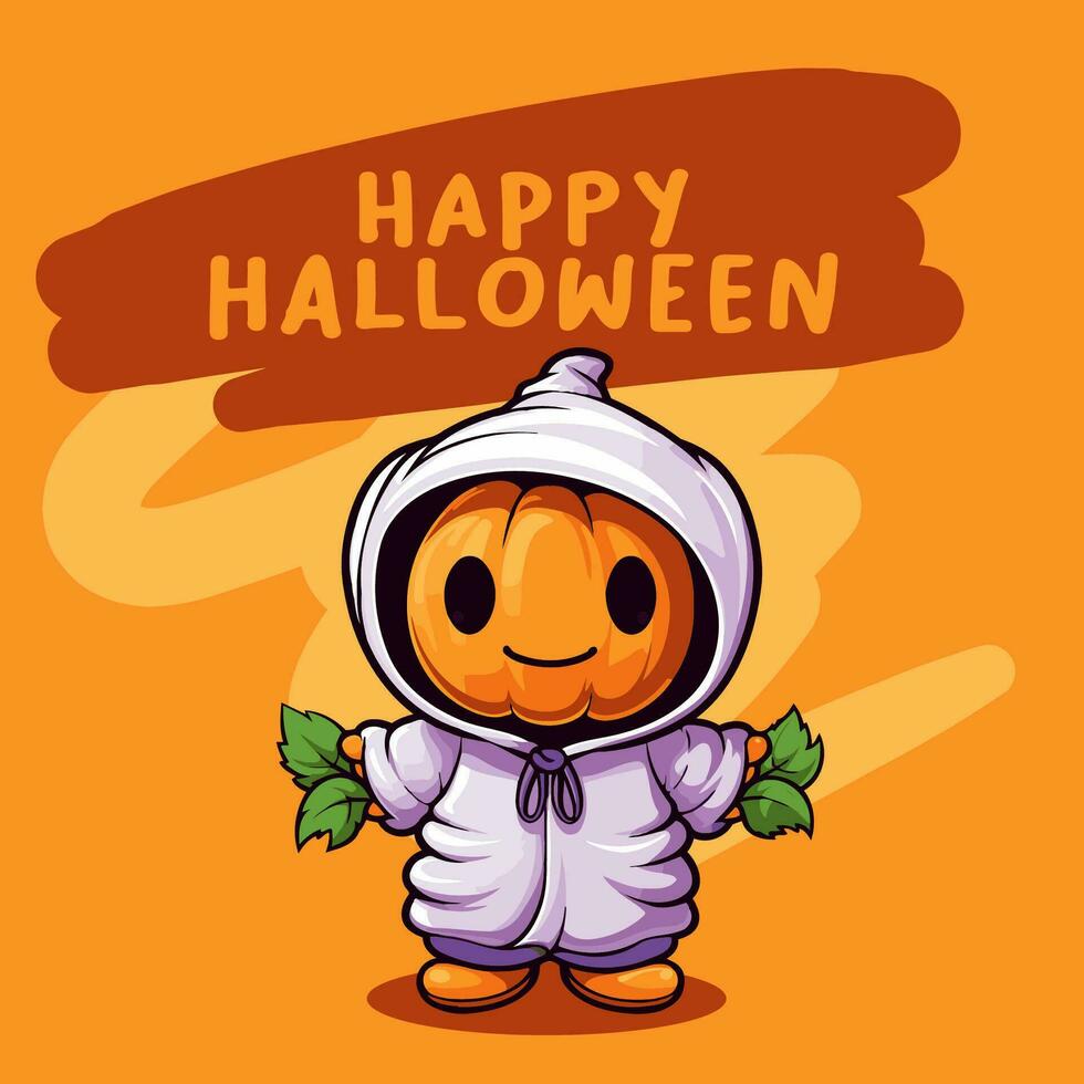 Happy Halloween. Cute cartoon pumpkin in mummy costume. Vector illustration.