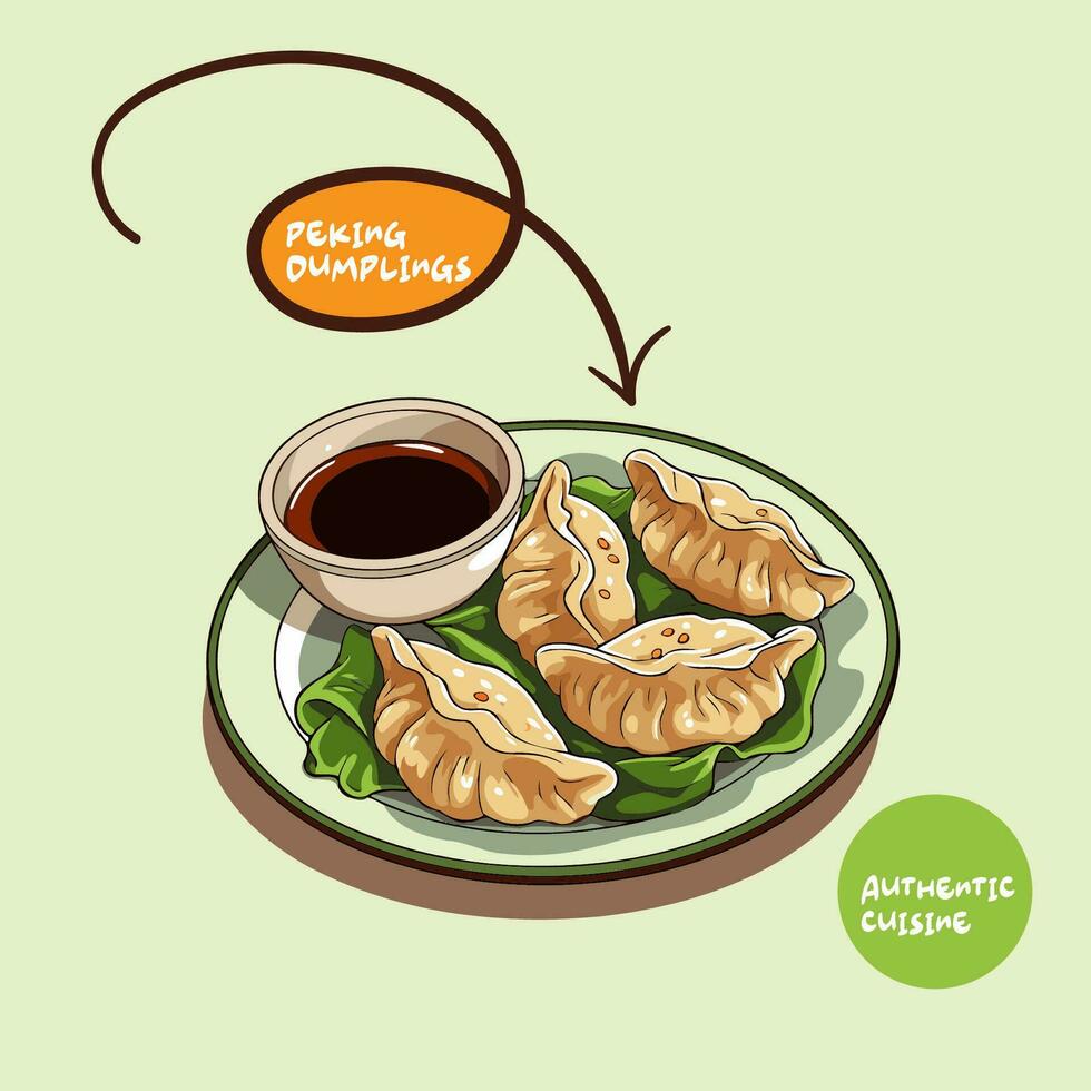 Vector illustration of Gyoza dumplings with soy sauce.