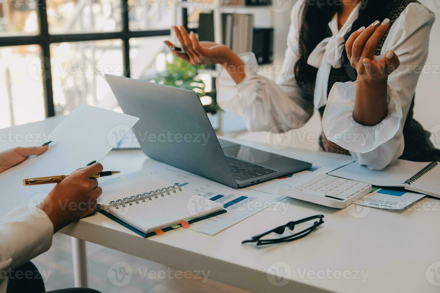 Business team collaboration discussing working analyzing with financial data and marketing growth report graph in team, presentation and brainstorming to strategy planning making profit of company. photo