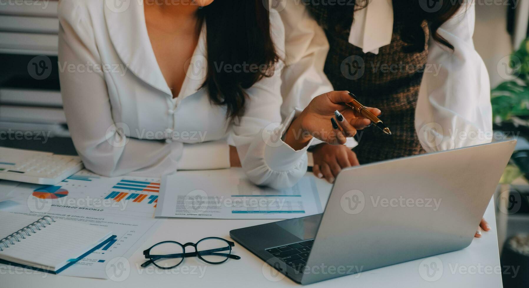 Business team collaboration discussing working analyzing with financial data and marketing growth report graph in team, presentation and brainstorming to strategy planning making profit of company. photo