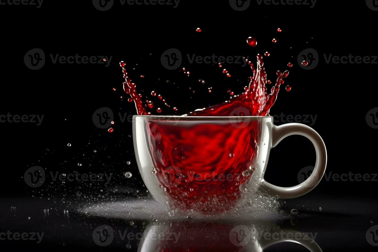 ai generado rojo taza con chapoteo. neural red ai generado foto