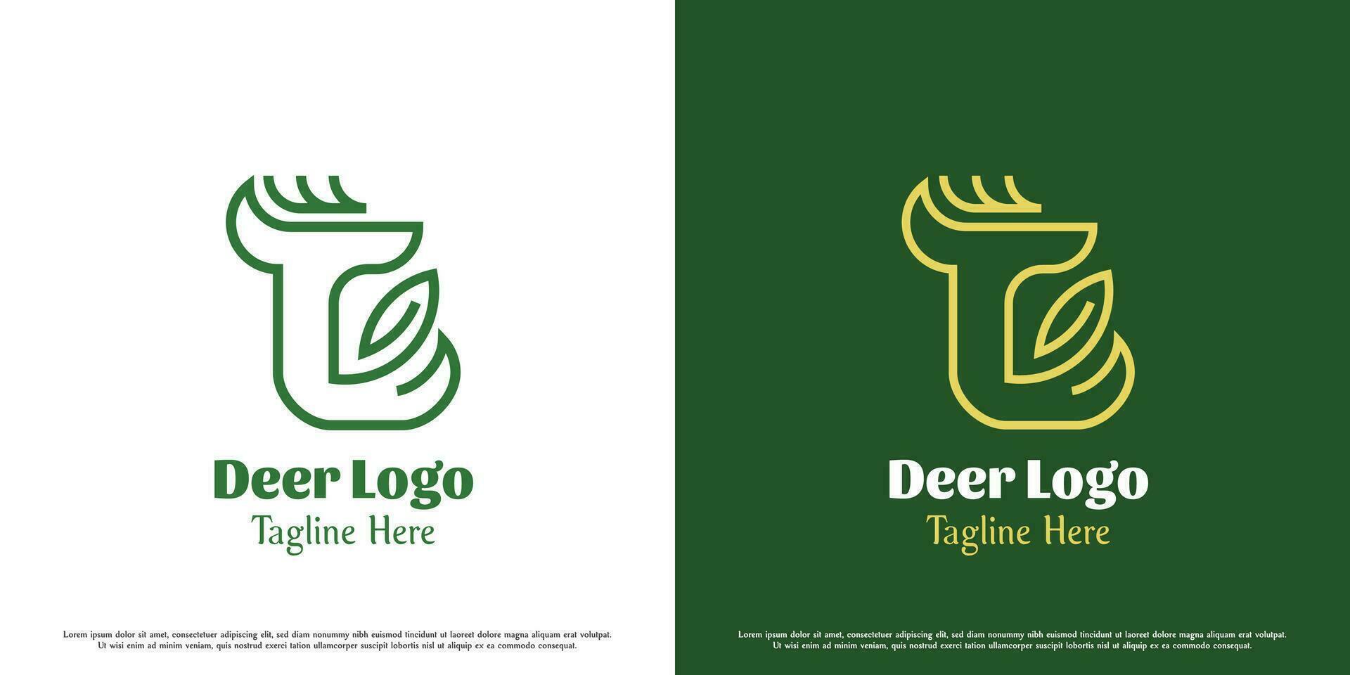 Deer leaf logo design illustration. Silhouette outline of animal zoo wild mountain antelope deer. Green fresh icon symbol flat simple minimal minimalist nature eco seed sprout tree modern hunter. vector
