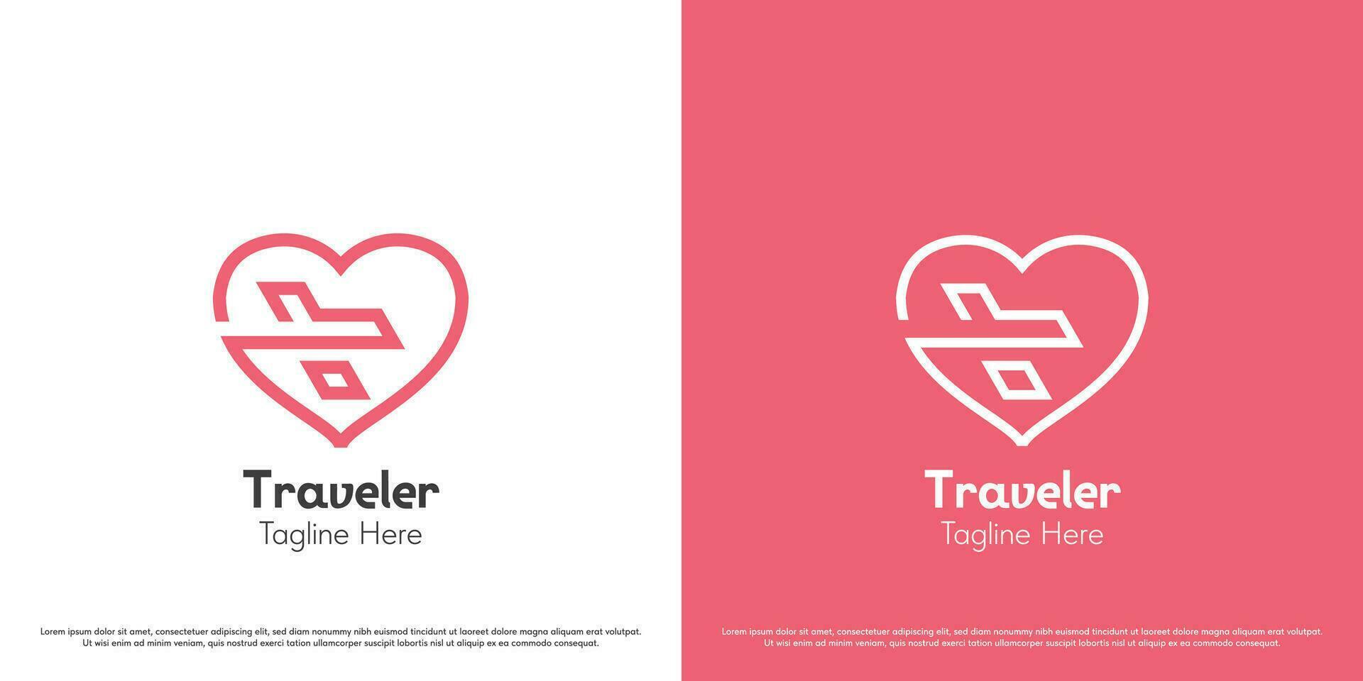 Adventure love logo design illustration. Heart shape outline silhouette of plane trip honeymoon outdoor travel. Simple flat icon symbol feminine smooth fancy joyfull geometric minimal minimalist. vector