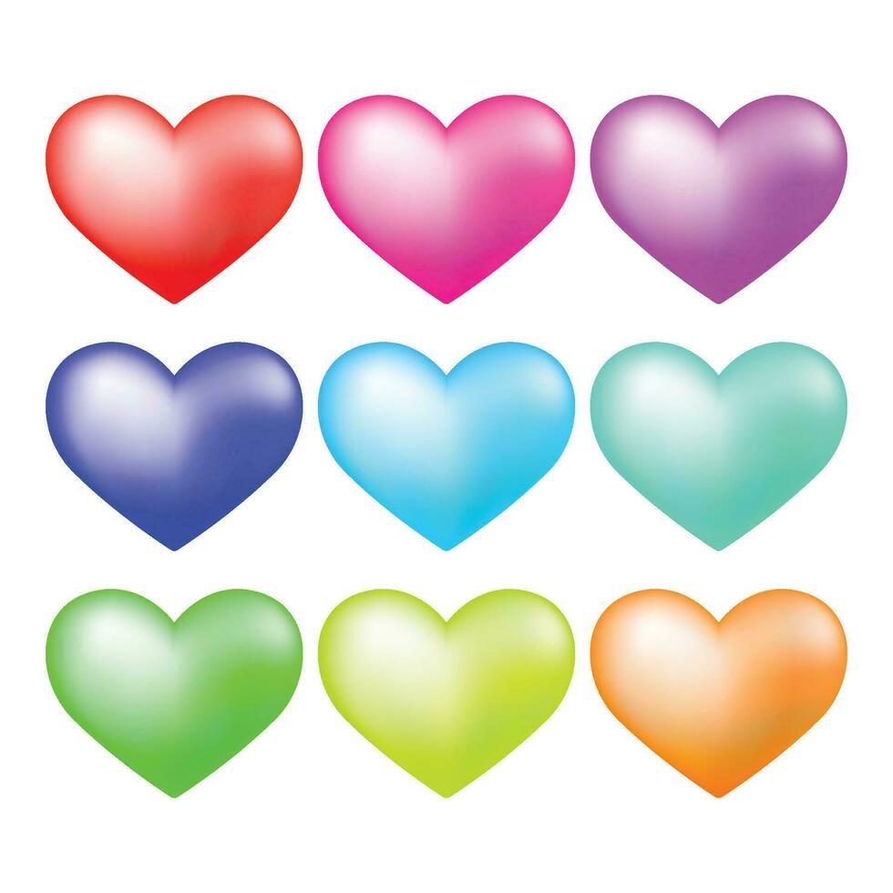 Vector set of colorful 3d hearts isolated on white background