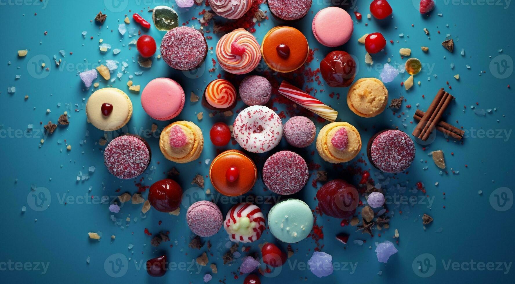 AI generated colored sweets on abstract background, colored candy on background, sweet cookies on colorful background, sweets wallpaper photo