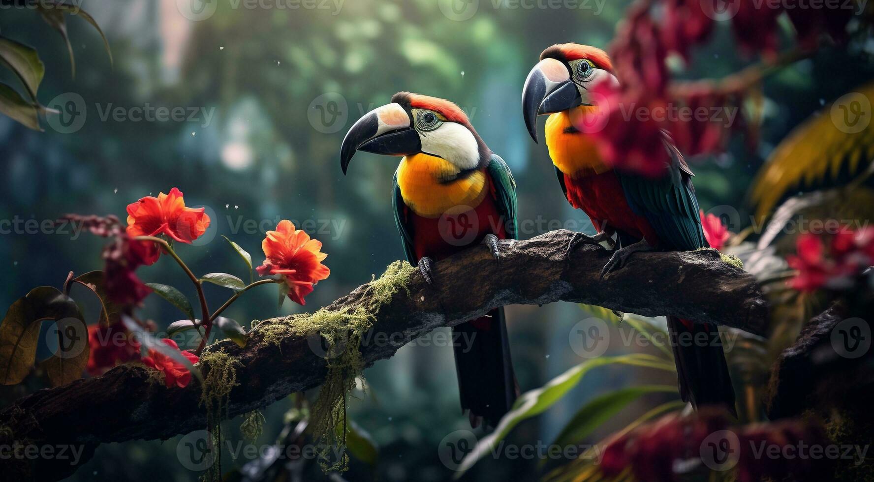 AI generated close-up of atropical wild bird in the forest, tropical wild bird, wild bird in the forest, bird sitting on the tree photo