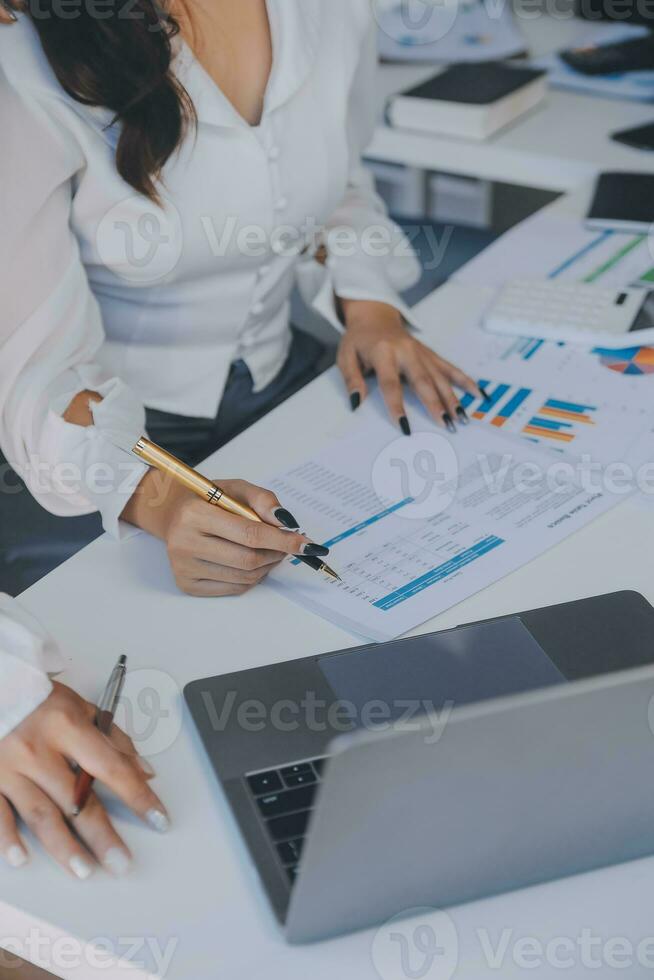 Business team collaboration discussing working analyzing with financial data and marketing growth report graph in team, presentation and brainstorming to strategy planning making profit of company. photo