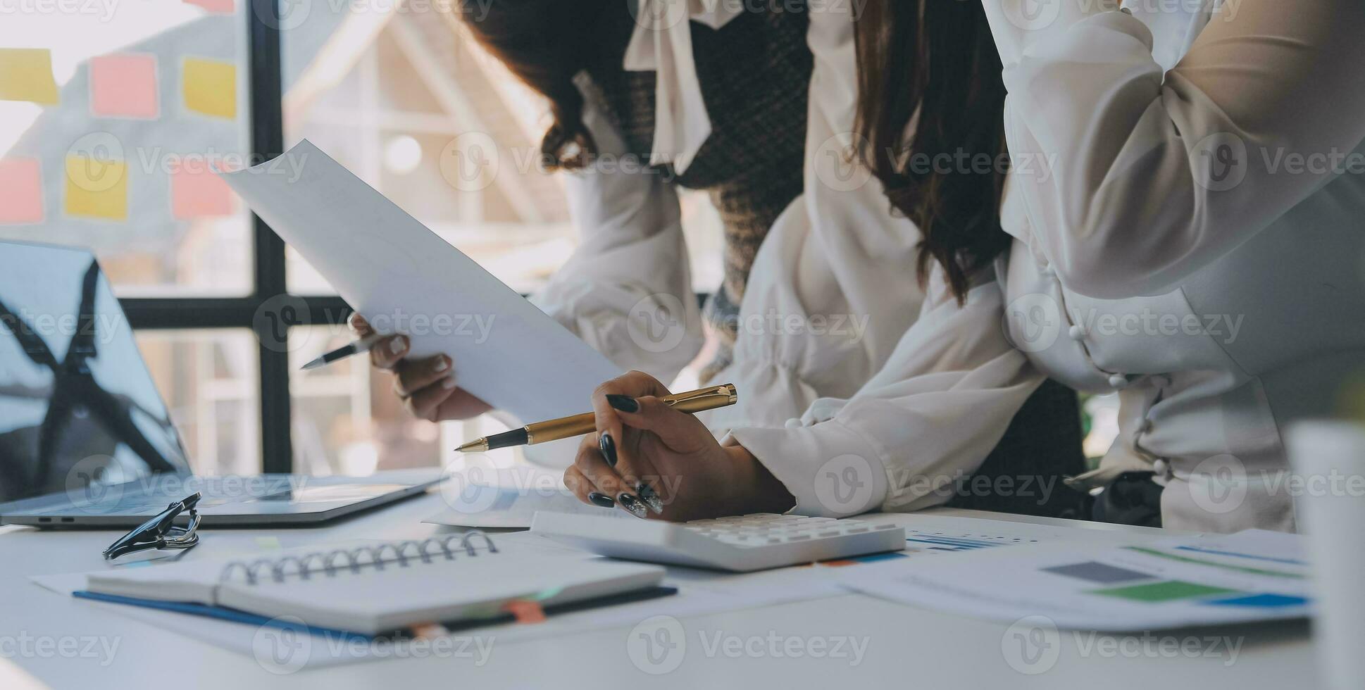 Business team collaboration discussing working analyzing with financial data and marketing growth report graph in team, presentation and brainstorming to strategy planning making profit of company. photo