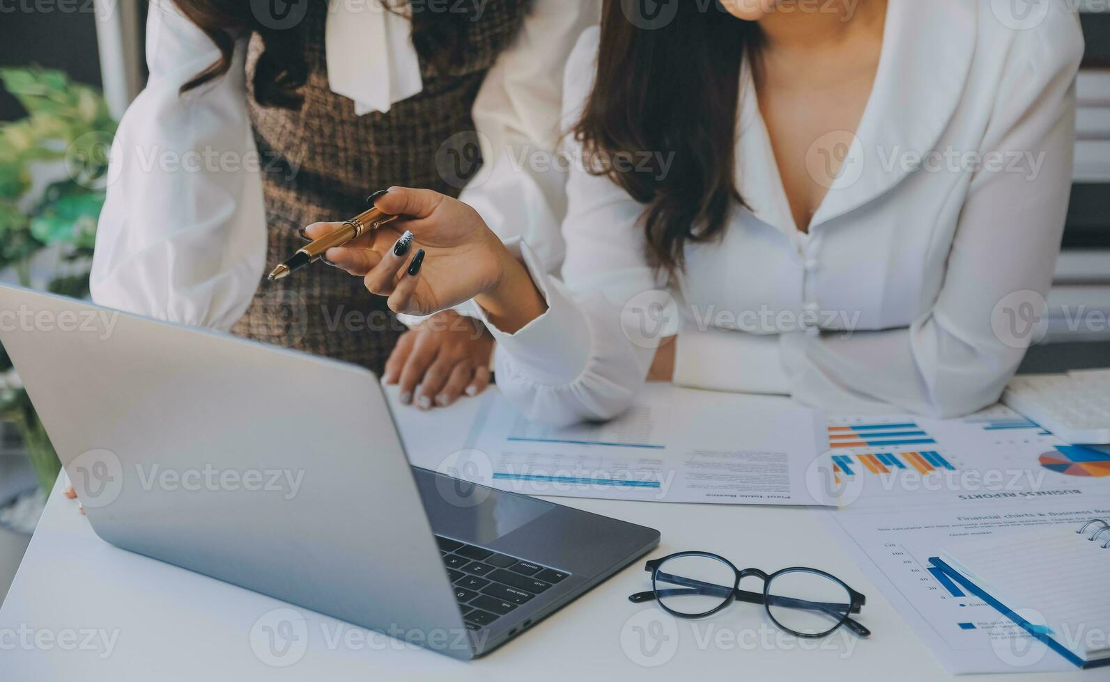 Business team collaboration discussing working analyzing with financial data and marketing growth report graph in team, presentation and brainstorming to strategy planning making profit of company. photo