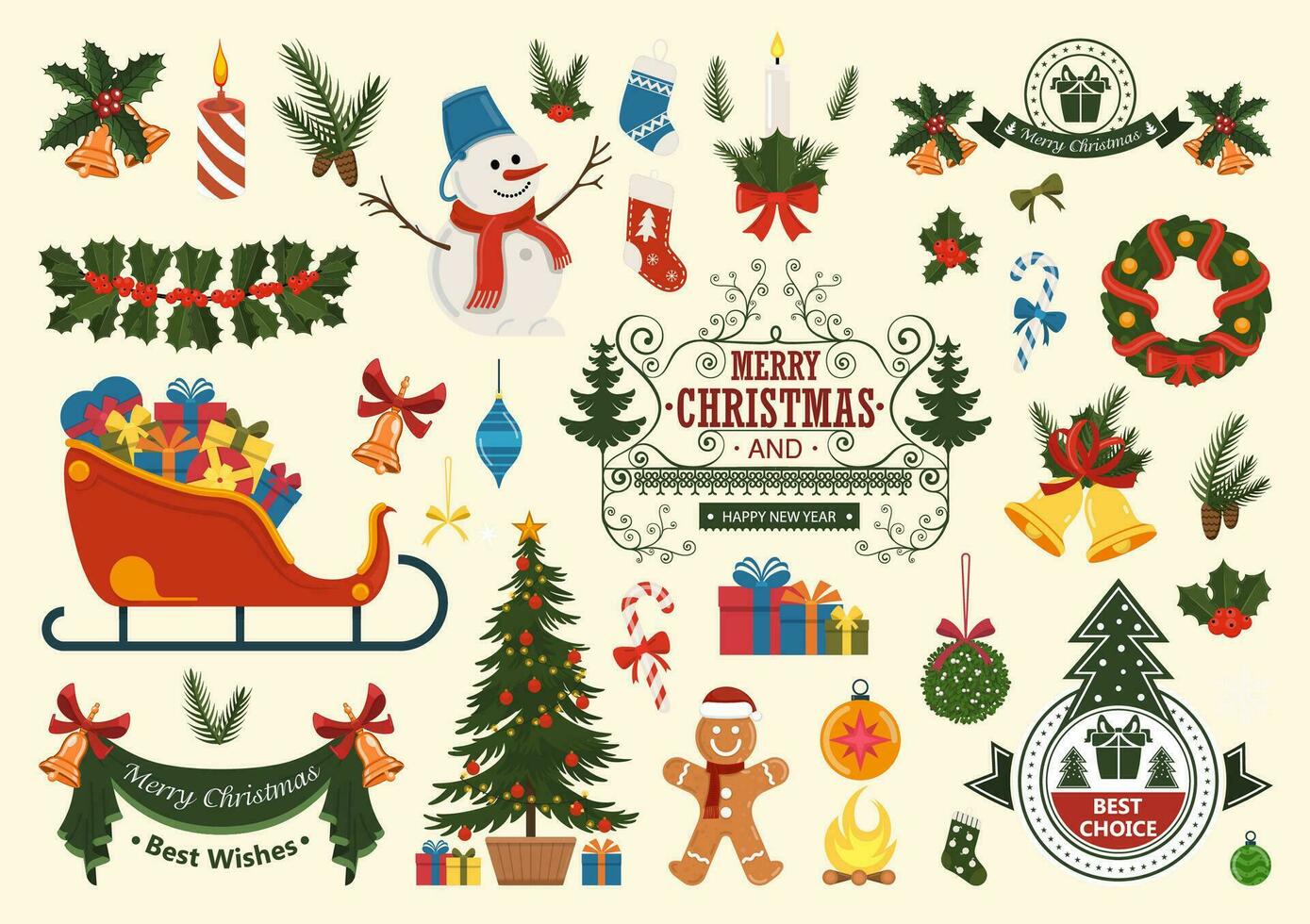 Christmas and New Year set of design elements and decorations. Vector illustration.