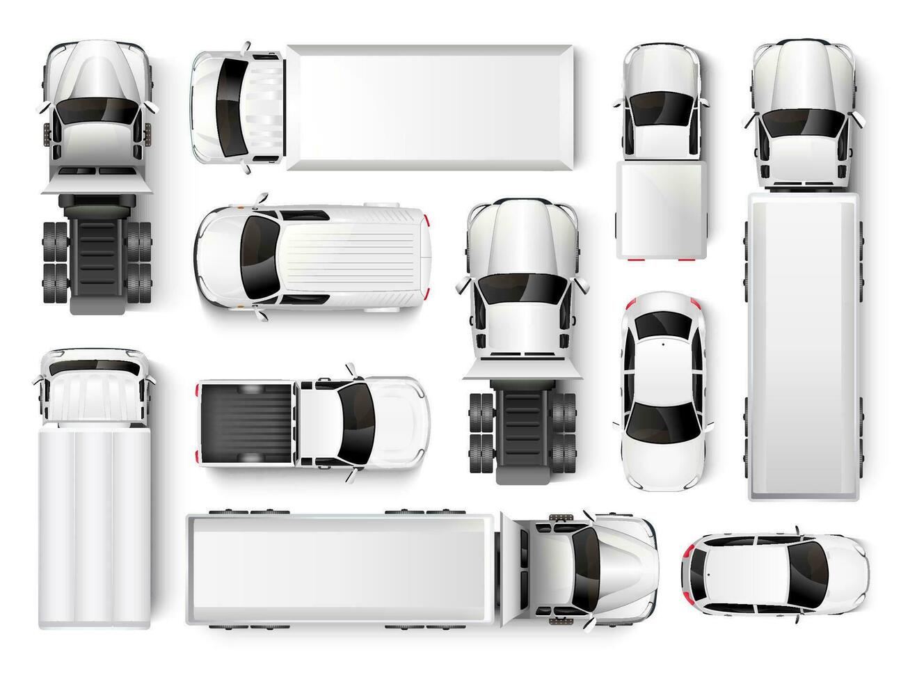 Top view of cars and trucks. Isolated realistic vehicles on a white background. Vector illustration