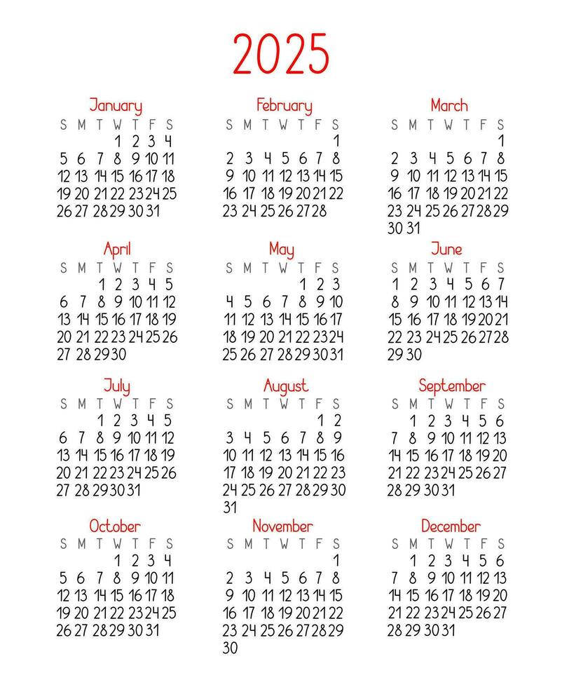 Calendar template for the year 2025 in simple minimalist style week