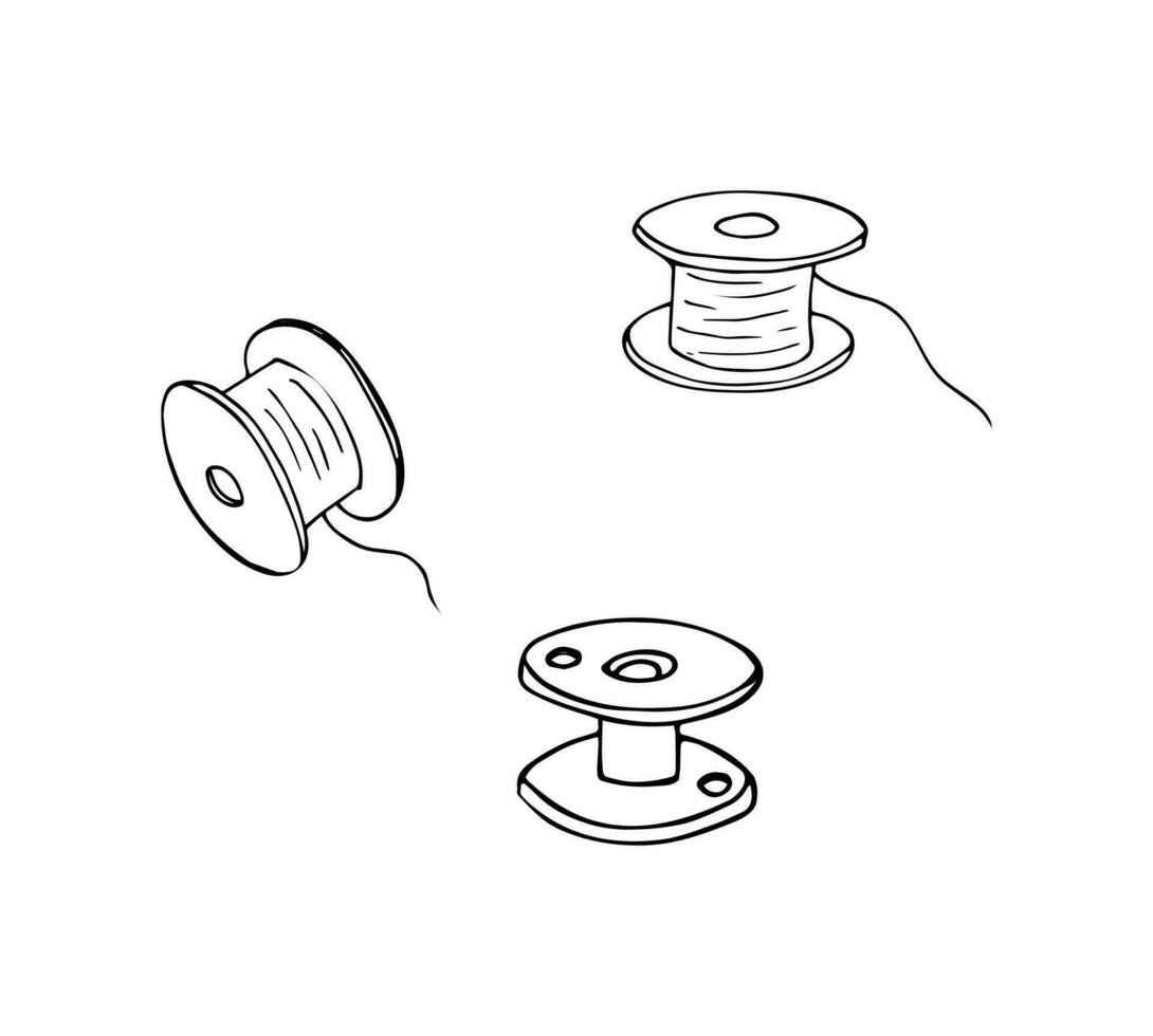 Hand-drawn bobbin winders for sewing machine thread. Isolated vector illustration.