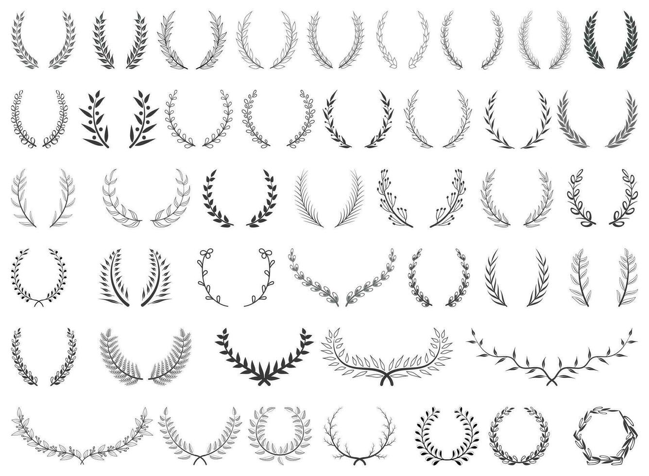 Set of wreaths and branches with leaves. Hand drawing laurel wreaths and branches collection. Vector illustration.