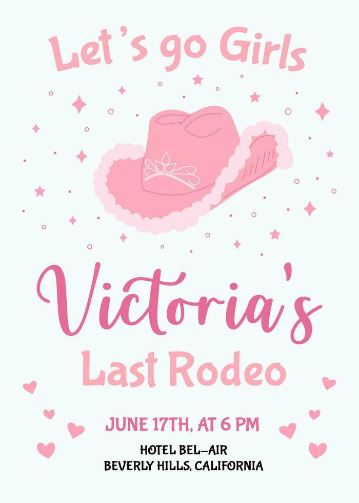 Hen Party invitation card. Last rodeo bachelorette party invitation template. Cowgirls disco party. Wedding stationery. Vector illustration.