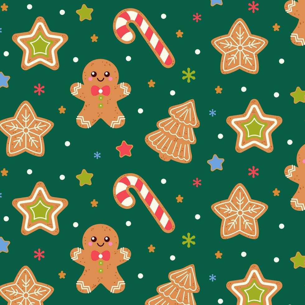 sin costura modelo con linda Navidad pan de jengibre galletas. pan de jengibre hombre, Navidad árbol, estrella, copos de nieve y pan de jengibre galletas en un verde antecedentes. vector ilustración